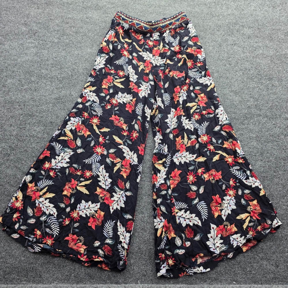 Jaase Floral Wide Leg Palazzo Pants Boho Sequin Waist Tropical Black Small Women